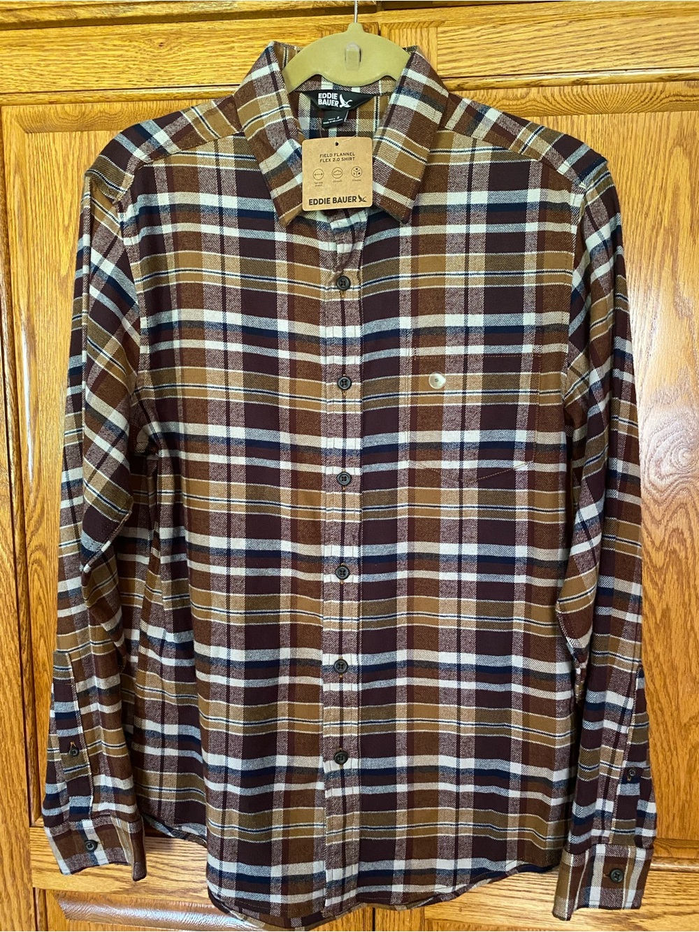 Eddie Bauer Men's Brown and White Plaid Button-Down Shirt